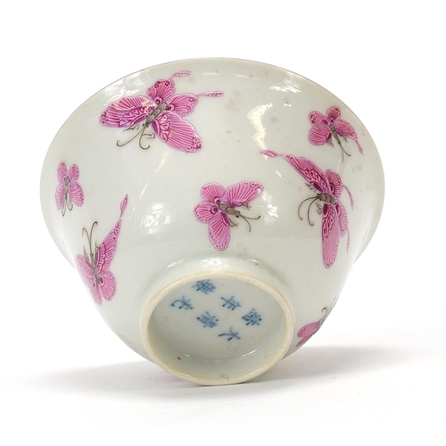 8 - Good Chinese porcelain bowl finely hand painted  in pink with butterflies, six figure character mark... 