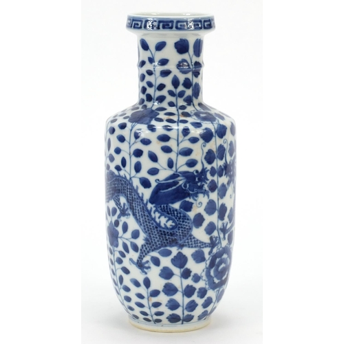 102 - Chinese blue and white porcelain rouleau vase hand painted with two dragons amongst flowers, four fi... 