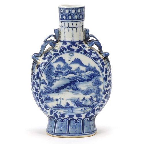 555 - Chinese blue and white porcelain moon flask with animalia handles, finely hand painted with panels o... 