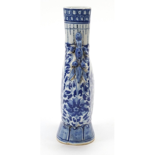 555 - Chinese blue and white porcelain moon flask with animalia handles, finely hand painted with panels o... 