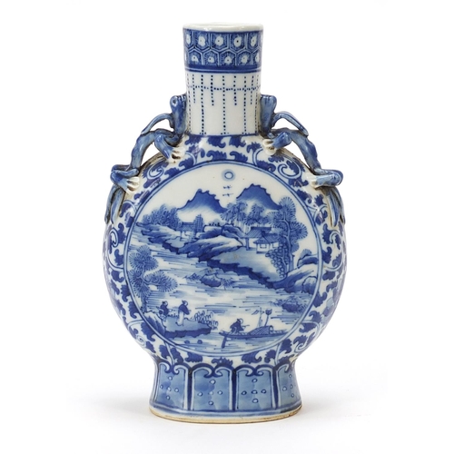 555 - Chinese blue and white porcelain moon flask with animalia handles, finely hand painted with panels o... 