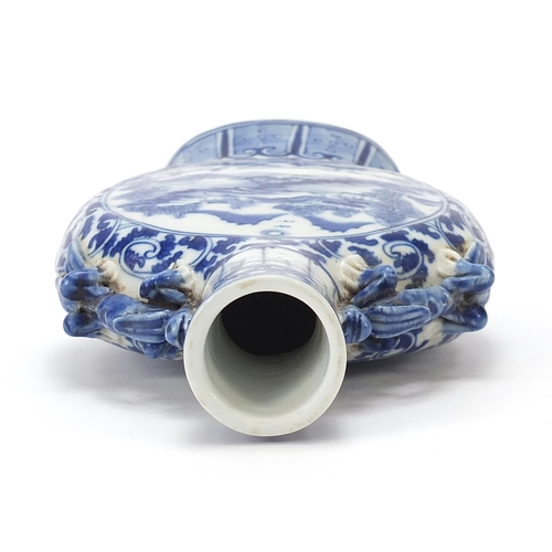 555 - Chinese blue and white porcelain moon flask with animalia handles, finely hand painted with panels o... 