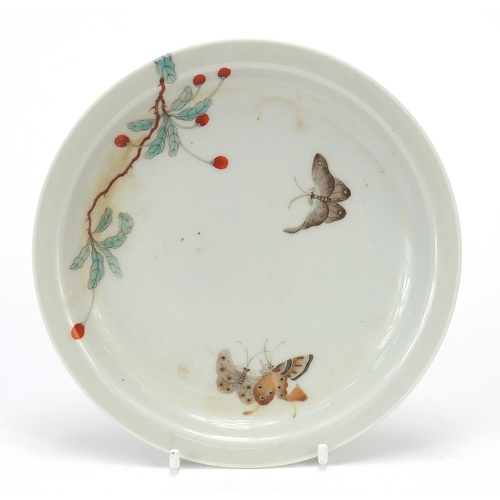 11 - Good Chinese porcelain dish finely hand painted with butterflies amongst blossoming berry trees, six... 