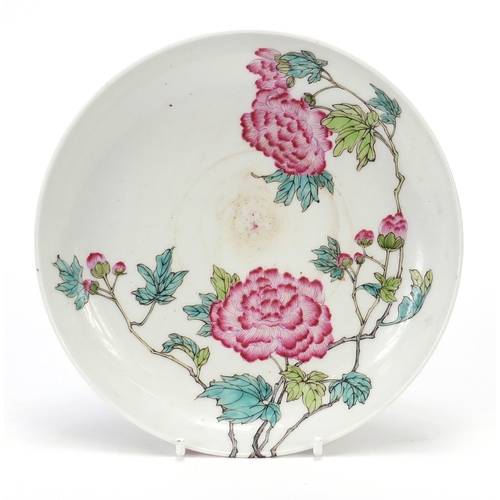 109 - Chinese porcelain shallow dish finely hand painted in the famille rose palette with chrysanthemums, ... 