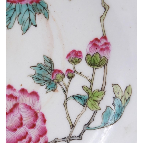 109 - Chinese porcelain shallow dish finely hand painted in the famille rose palette with chrysanthemums, ... 