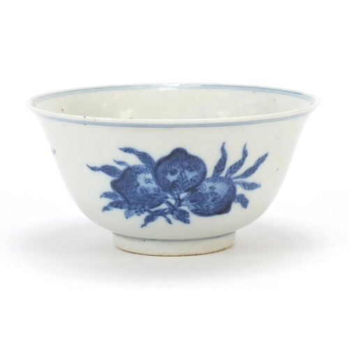 557 - Chinese blue and white porcelain bowl hand painted with fruit, four figure character marks to the ba... 