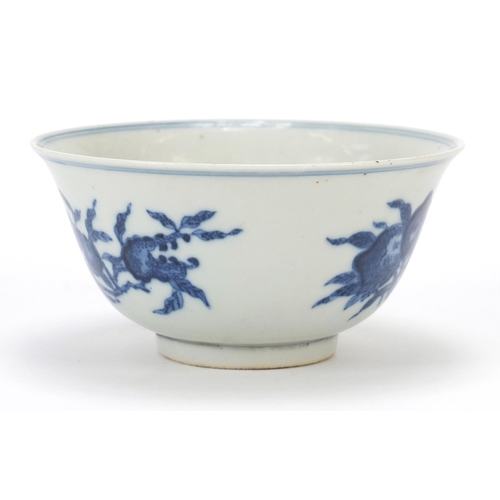 557 - Chinese blue and white porcelain bowl hand painted with fruit, four figure character marks to the ba... 