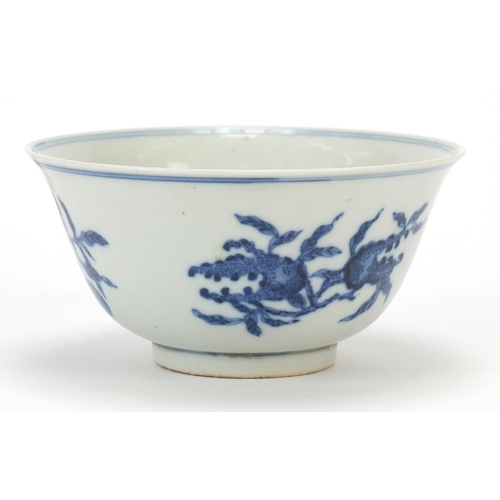 557 - Chinese blue and white porcelain bowl hand painted with fruit, four figure character marks to the ba... 