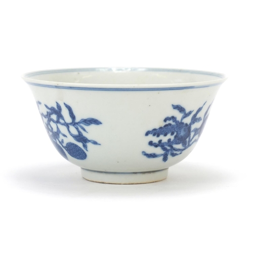 557 - Chinese blue and white porcelain bowl hand painted with fruit, four figure character marks to the ba... 