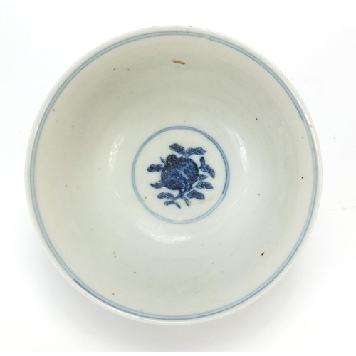 557 - Chinese blue and white porcelain bowl hand painted with fruit, four figure character marks to the ba... 