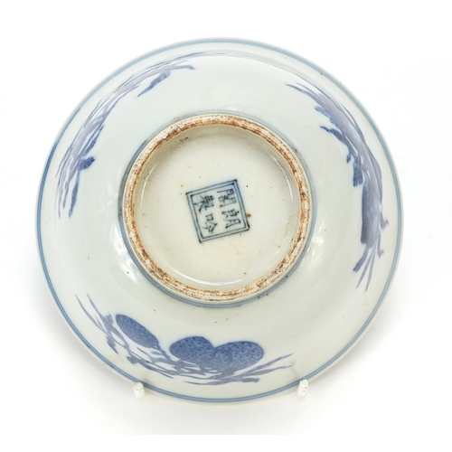 557 - Chinese blue and white porcelain bowl hand painted with fruit, four figure character marks to the ba... 