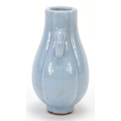 188 - Chinese porcelain quatrefoil vase with ears having a clair de lune type glaze, 10cm high