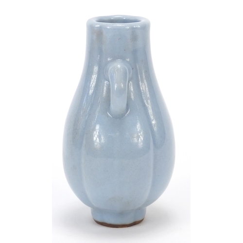 188 - Chinese porcelain quatrefoil vase with ears having a clair de lune type glaze, 10cm high