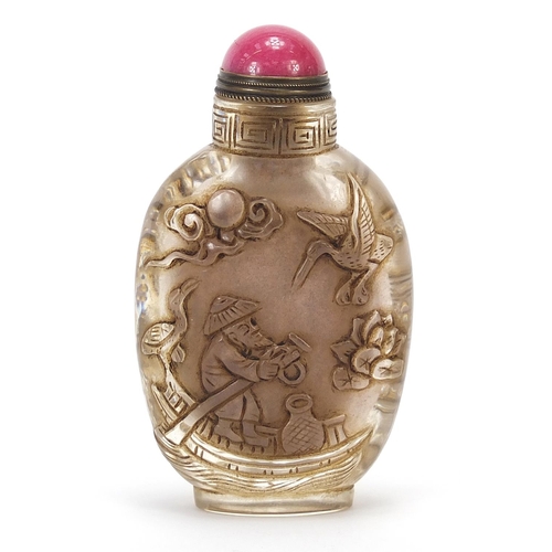 289 - Chinese rock crystal snuff bottle with hardstone stopper carved with figures and birds, 9.5cm high