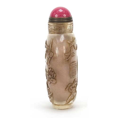 289 - Chinese rock crystal snuff bottle with hardstone stopper carved with figures and birds, 9.5cm high