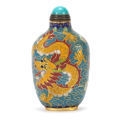 726 - Chinese bronze and cloisonné snuff bottle with hardstone stopper enamelled with two dragons amongst ... 