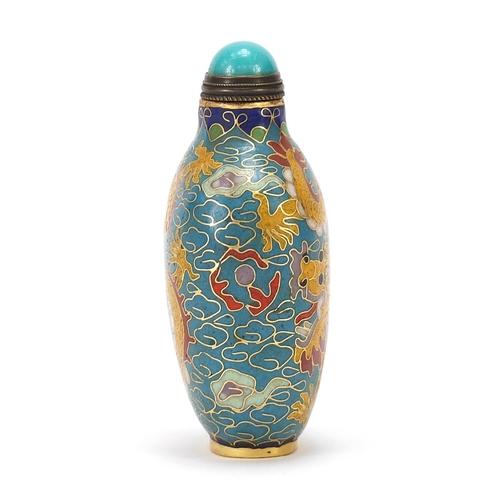 726 - Chinese bronze and cloisonné snuff bottle with hardstone stopper enamelled with two dragons amongst ... 