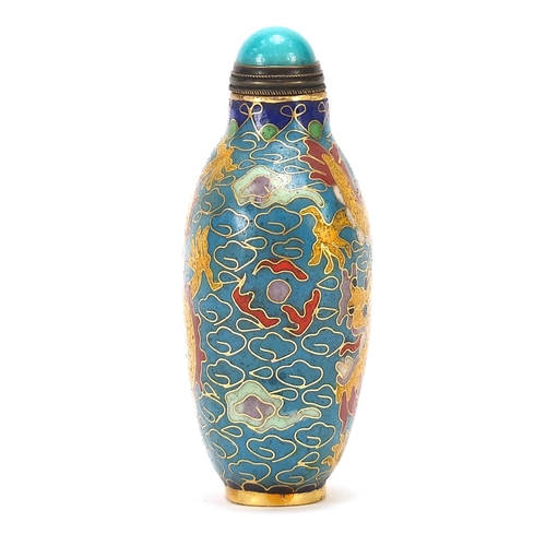 726 - Chinese bronze and cloisonné snuff bottle with hardstone stopper enamelled with two dragons amongst ... 