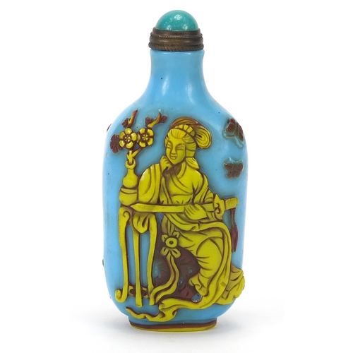 200 - Chinese cameo glass snuff bottle with hardstone stopper, decorated with a crane and female, 8.5cm hi... 