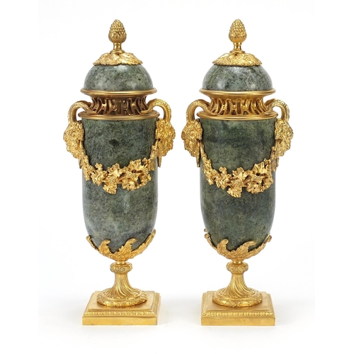 606 - Pair of French gilt bronze and marble pedestal vases and covers with faun head handles, each 32cm hi... 