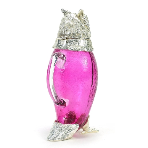 50 - Novelty owl design jug with silver plated mount and cranberry coloured glass body, 28.5cm high