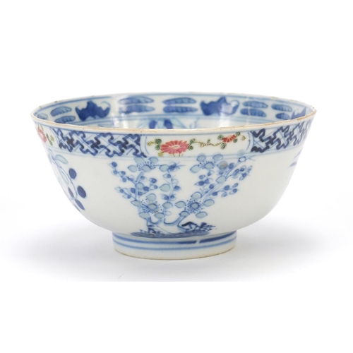 108 - Chinese blue and white porcelain bowl hand painted in the famille rose palette with flowers, six fig... 