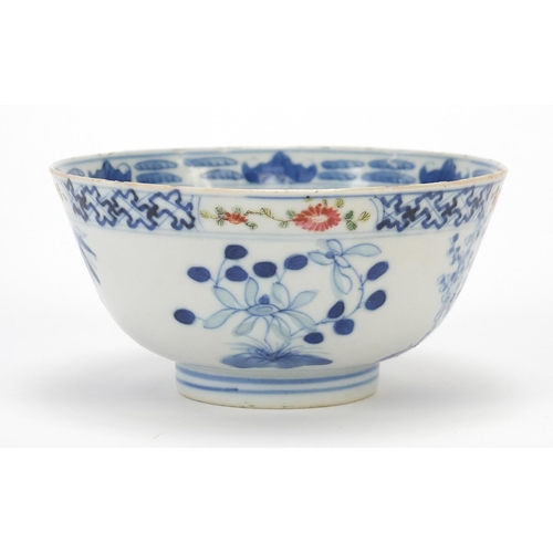 108 - Chinese blue and white porcelain bowl hand painted in the famille rose palette with flowers, six fig... 