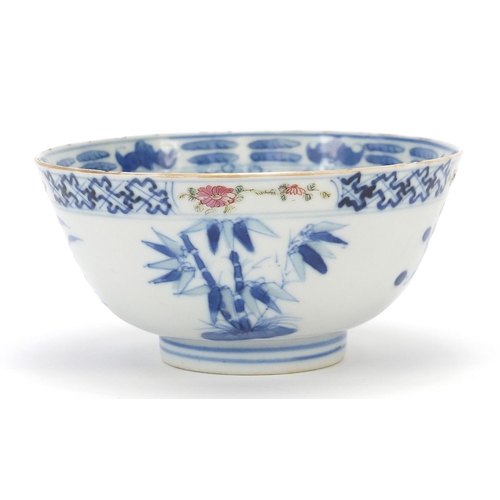 108 - Chinese blue and white porcelain bowl hand painted in the famille rose palette with flowers, six fig... 