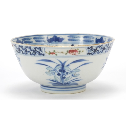 108 - Chinese blue and white porcelain bowl hand painted in the famille rose palette with flowers, six fig... 