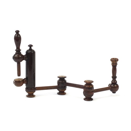 143 - Unusual Victorian rosewood Tunbridge ware extending candle holder with table clamp, 41cm in length