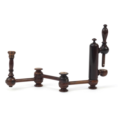 143 - Unusual Victorian rosewood Tunbridge ware extending candle holder with table clamp, 41cm in length