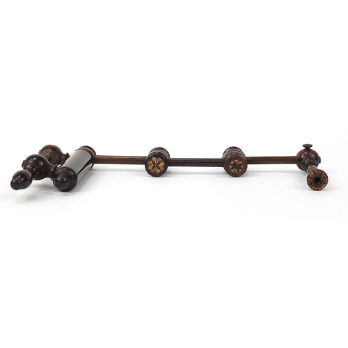 143 - Unusual Victorian rosewood Tunbridge ware extending candle holder with table clamp, 41cm in length