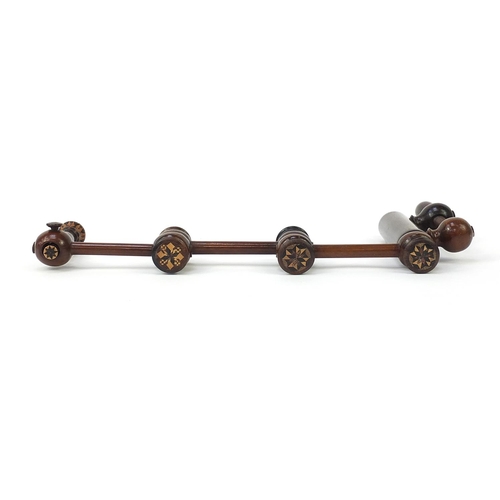 143 - Unusual Victorian rosewood Tunbridge ware extending candle holder with table clamp, 41cm in length