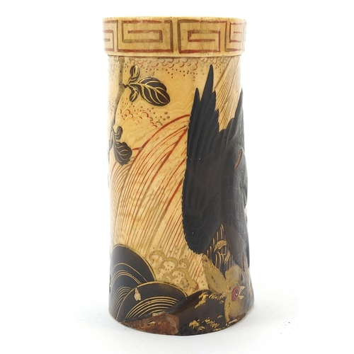 204 - ** WITHDRAWN ** Japanese ivory tusk section lacquered and gilded with two birds of paradise, 9cm hig... 