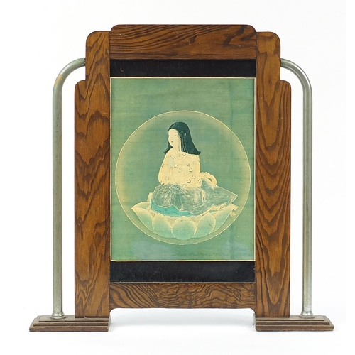 329 - Art Deco oak fire screen depicting a young oriental female, 59cm high x 58.5cm wide