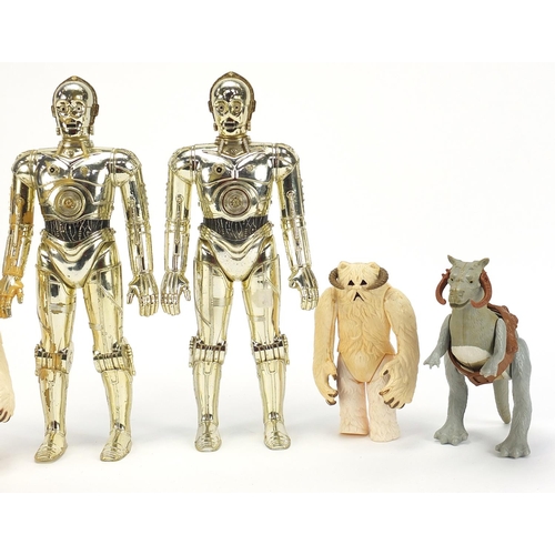 2424 - Six large vintage Star Wars action figures including two gold C-3PO, 31.5cm high