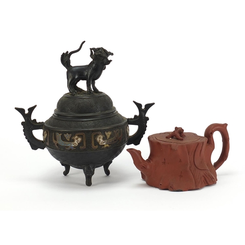 471 - Chinese cloisonné tripod censer with qilin lid and a naturalistic Yixing terracotta teapot, impresse... 