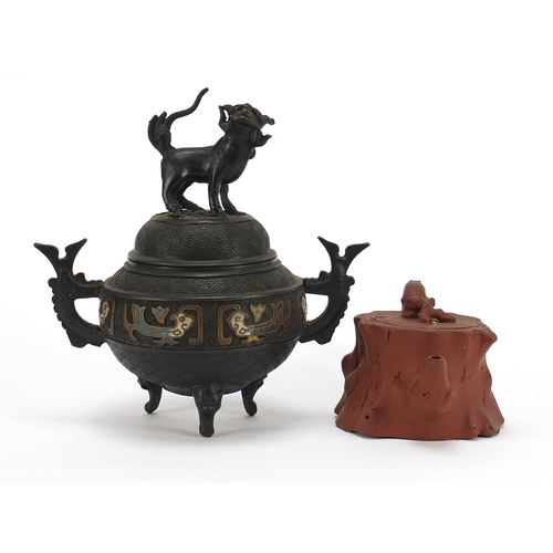 471 - Chinese cloisonné tripod censer with qilin lid and a naturalistic Yixing terracotta teapot, impresse... 