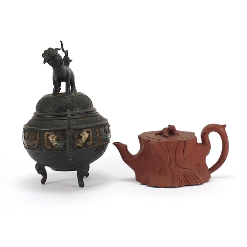 471 - Chinese cloisonné tripod censer with qilin lid and a naturalistic Yixing terracotta teapot, impresse... 