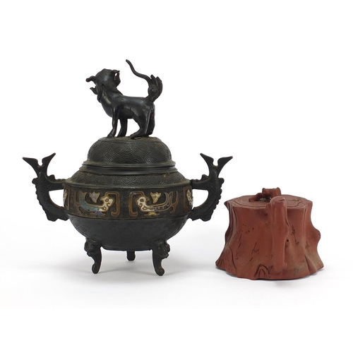 471 - Chinese cloisonné tripod censer with qilin lid and a naturalistic Yixing terracotta teapot, impresse... 