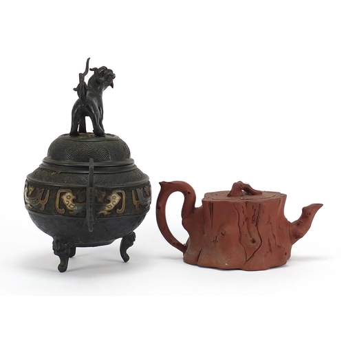 471 - Chinese cloisonné tripod censer with qilin lid and a naturalistic Yixing terracotta teapot, impresse... 