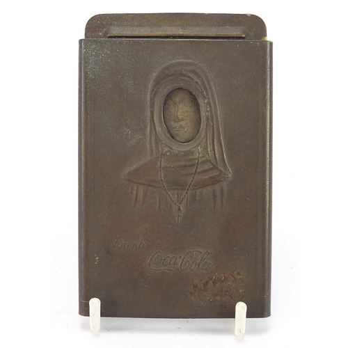 785 - Vintage Coca Cola nude nun brass belt buckle, 10cm x 6.5cm