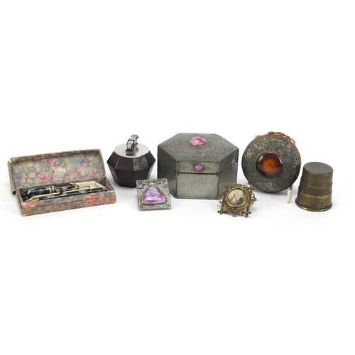 775 - Objects including pewter mounted items with Ruskin  type cabochons, circular miniature hand painted ... 