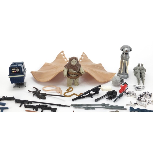 2423 - Collection of vintage Star Wars action figure accessories including guns and Ewok glider action figu... 