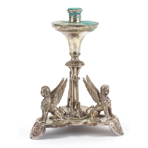 607 - Victorian Egyptian Revival silver plated lampstand mounted with three sphinxes , 24cm high