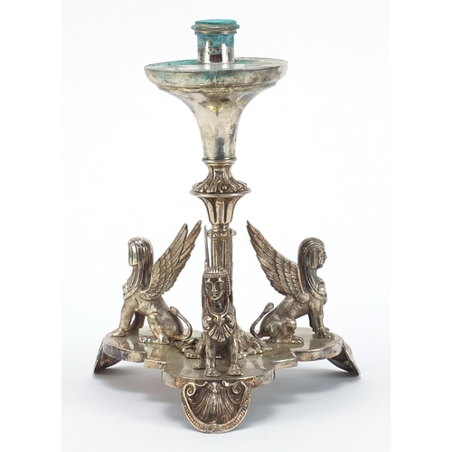 607 - Victorian Egyptian Revival silver plated lampstand mounted with three sphinxes , 24cm high