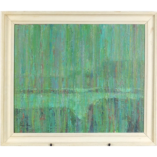 797 - Abstract composition, oil on board, inscribed verso, framed, 59cm x 49cm