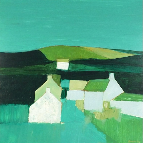 940 - David Humphreys - Cottages before mountains, Welsh school oil on board, mounted and framed, 60cm x 5... 