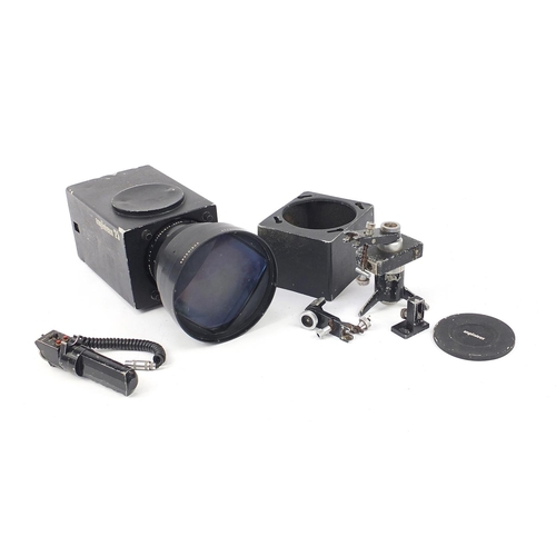 685 - Vintage Angénieux studio camera FX1.66 25X lens attachment and fitted flight cases, the lens attachm... 