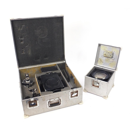 685 - Vintage Angénieux studio camera FX1.66 25X lens attachment and fitted flight cases, the lens attachm... 